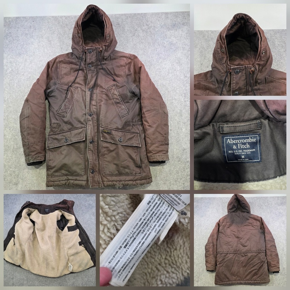 Abercrombie & Fitch Coat Mens Medium Brown Canvas Hooded Parka Sherpa Lined